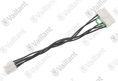 Vaillant Kabelbaum mit mehreren elektrischen Anschlüssen, verbunden durch schwarze Drähte, mit einem weißen Stecker auf einer Seite und einem anderen Stecker auf der anderen Seite.